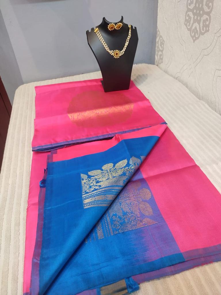 Kanjivaram saree with in pink with blue border circle butties 