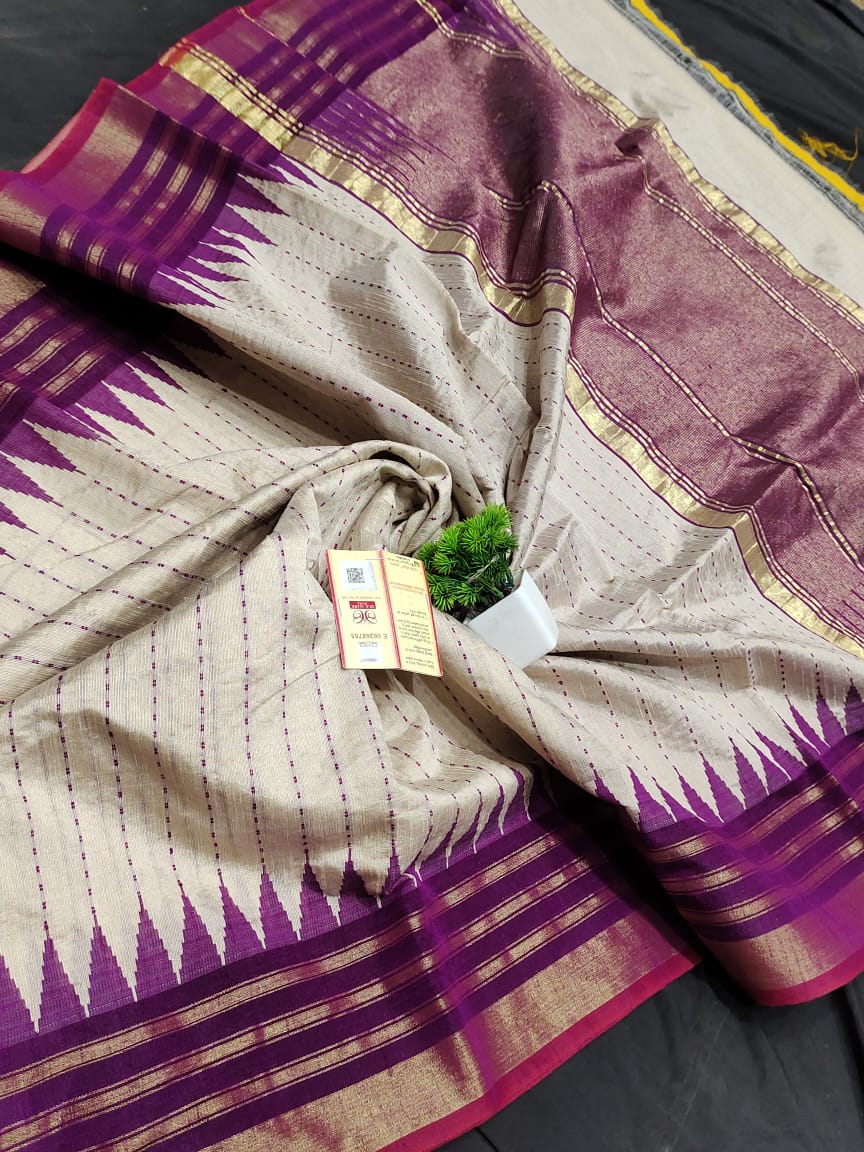 Raw silk Chhattisgarh silk Saree  in cream with purple kovi border