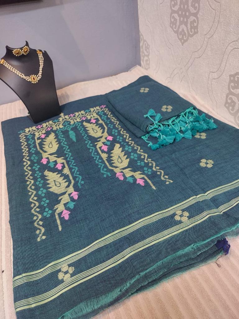 Jamudhani suite material in pure linen cotton light blue with teal green color