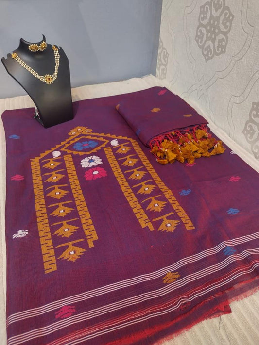 Jamudhani suite material in pure linen cotton maroon color