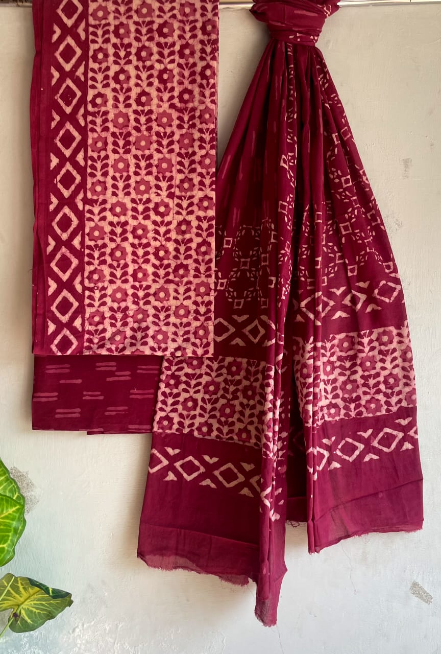 Block Printed Salwar cotton material in light pink with maroon batik printed