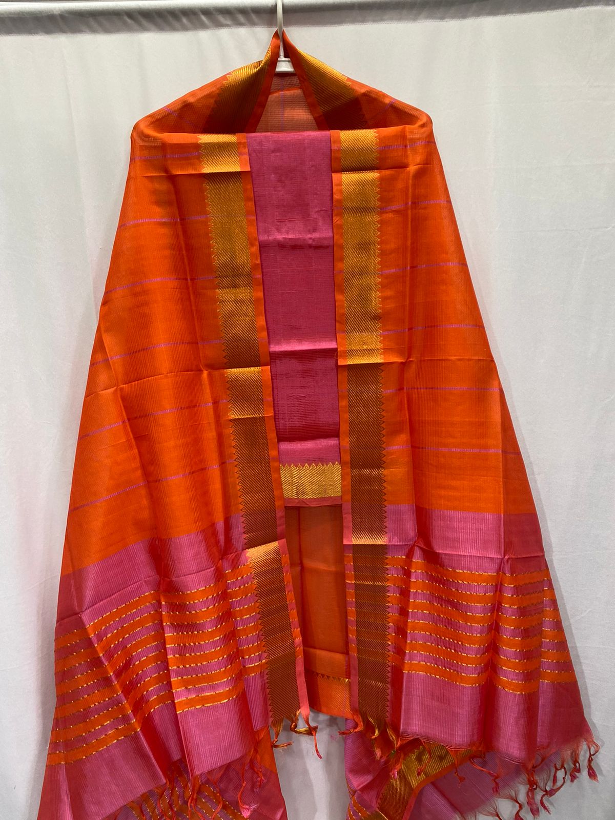 Mangalgiri silk cotton suite in pink with orange