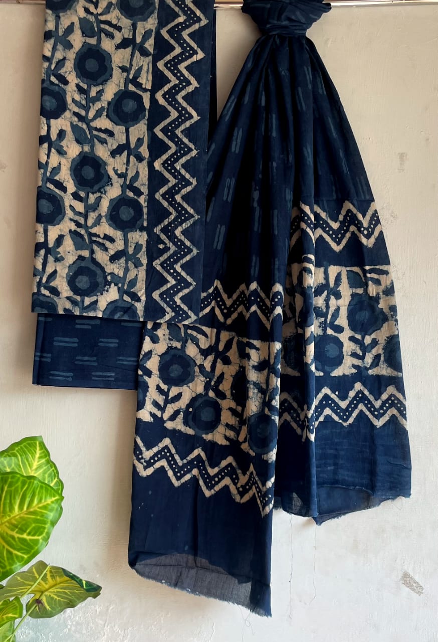 Block Printed Salwar cotton material in light cream with navy batik printed