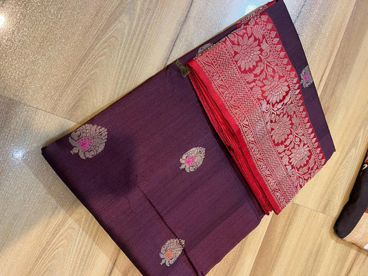 Tussar Banaras Kaduva butta  saree in maroon with red with meenakari