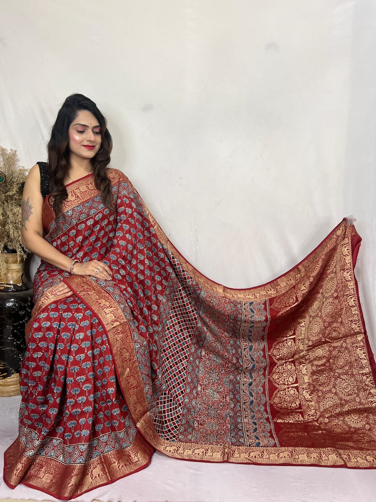 Ajrak Dola silk saree in maroon authentic