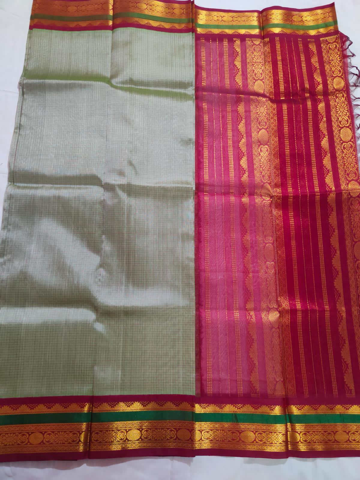 Handloom pure kanjivaram silk cotton saree cream colour pure silver jari all over small check