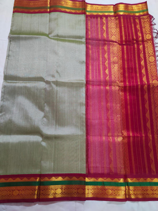 Handloom pure kanjivaram silk cotton saree cream colour pure silver jari all over small check