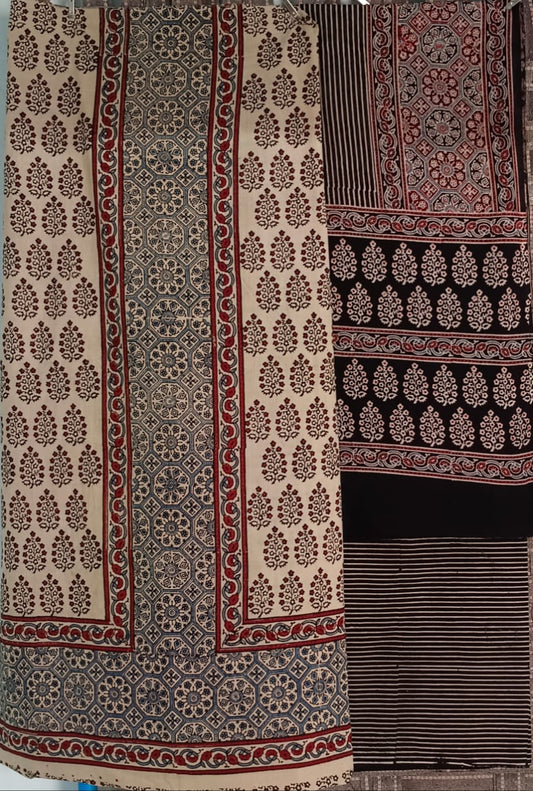 Ajrak suit two piece cotton material in cream and red and black combo 2 traditional block and authentic