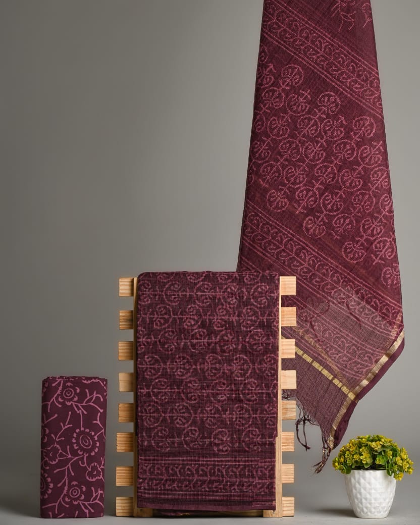 Kota Doria Salwar or churidar material top and duppata Kota and cotton bottom in maroon