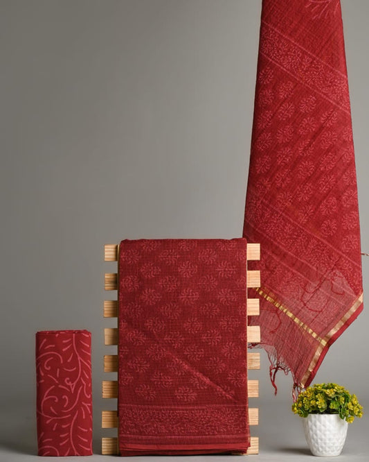 Kota Doria Salwar or churidar material top and duppata Kota and cotton bottom in red