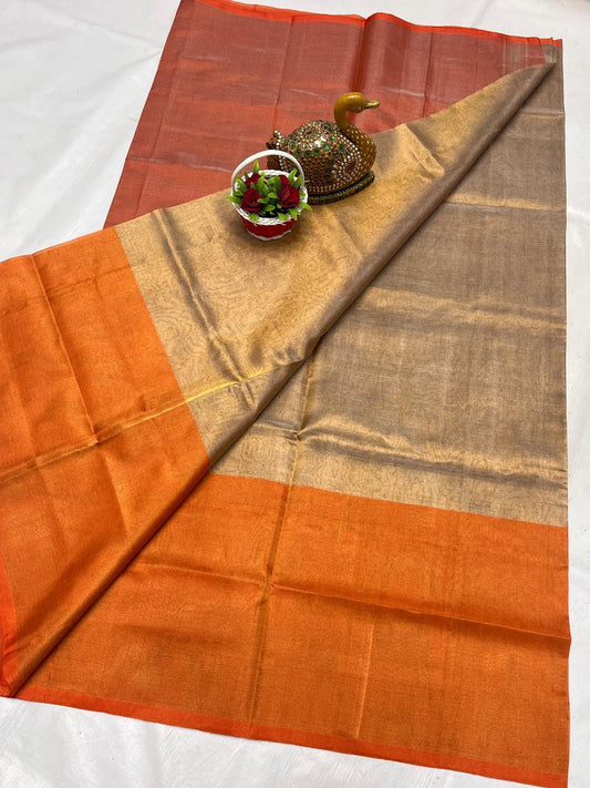 Uppada silk saree all over golden tissue with orange border