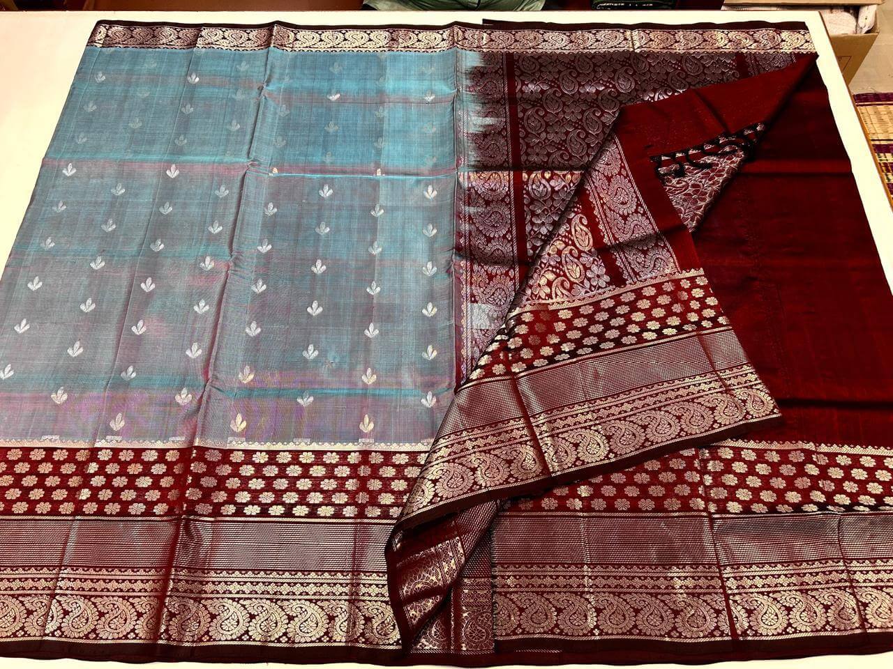 Mangalgiri silk Patti Saree powder blue and maroon border