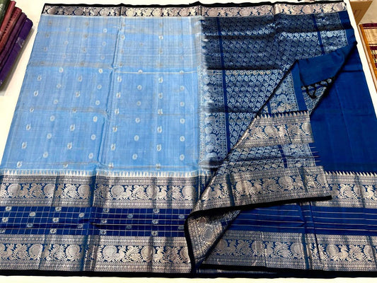 Mangalgiri silk Patti Saree powder blue and navy border