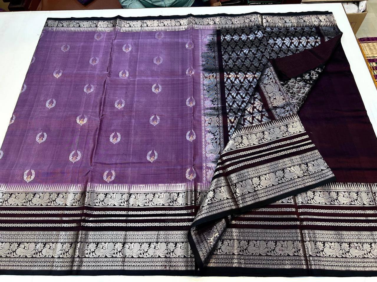 Mangalgiri silk Patti Saree purple and maroon border 