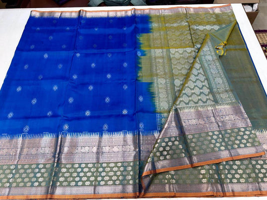 Mangalgiri silk Patti Saree powder blue and green border