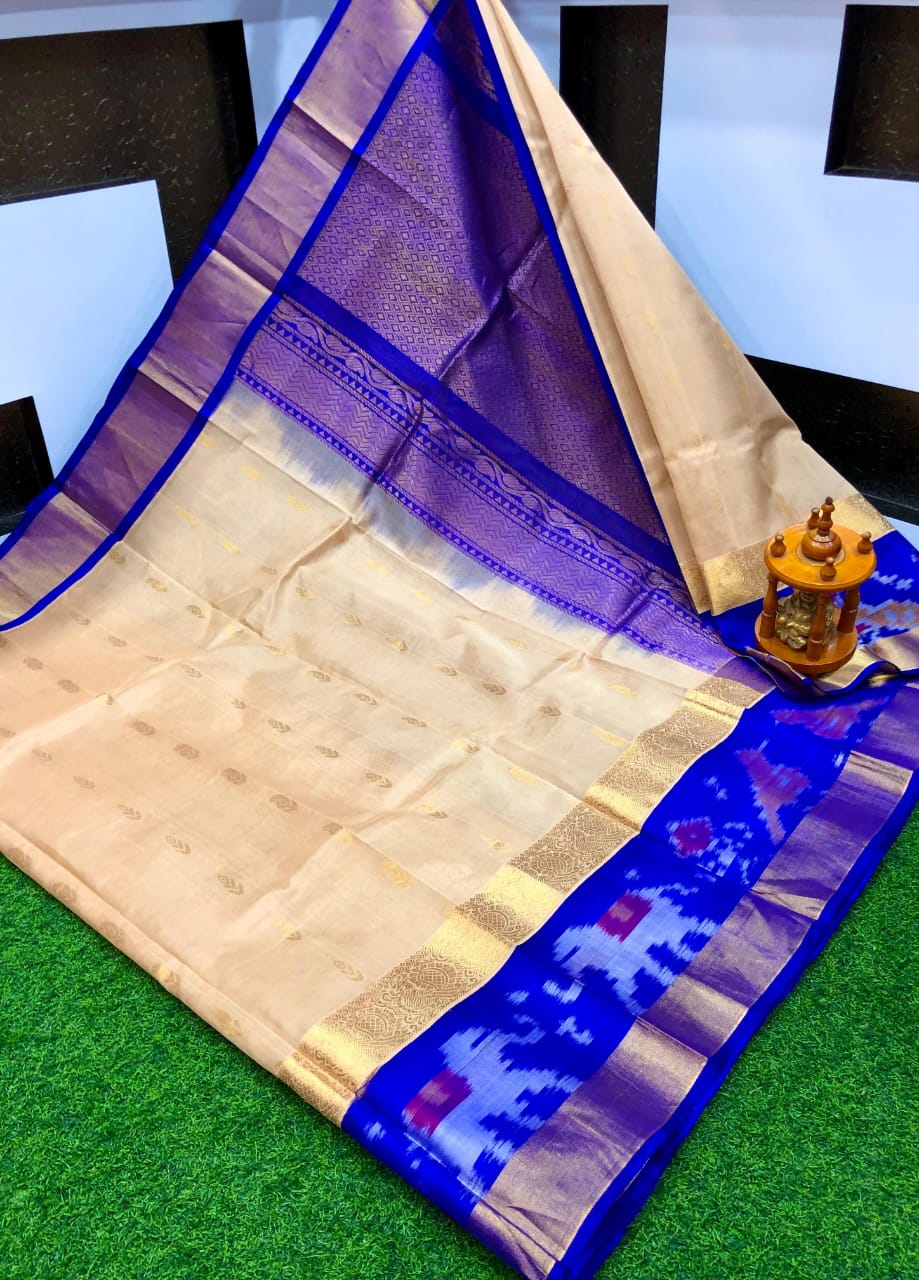 handloom silk cotton Saree flushing blue with cream body with ikkat border