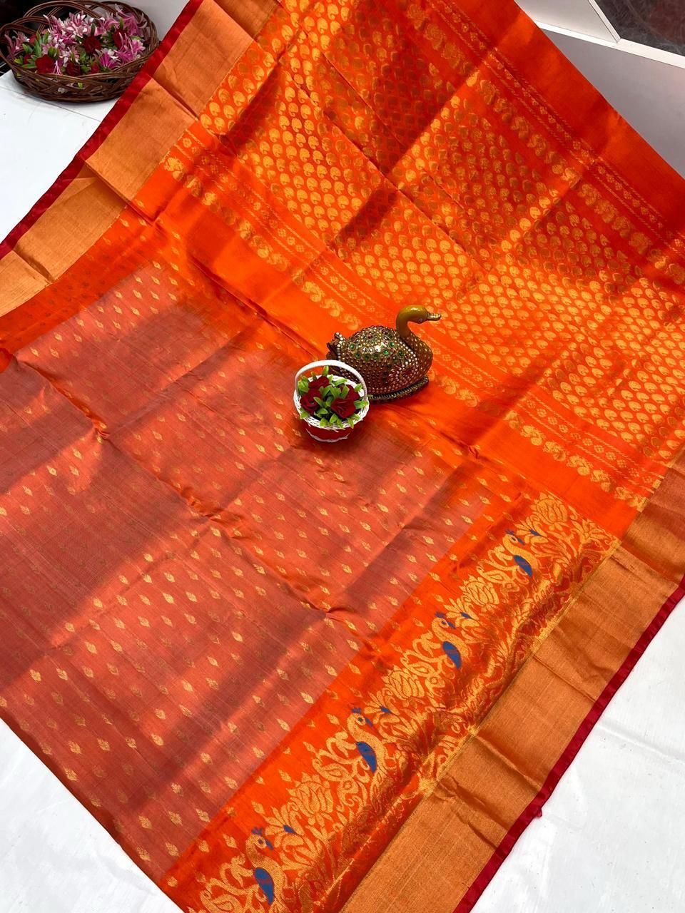 Uppada silk saree all over butti in orange color