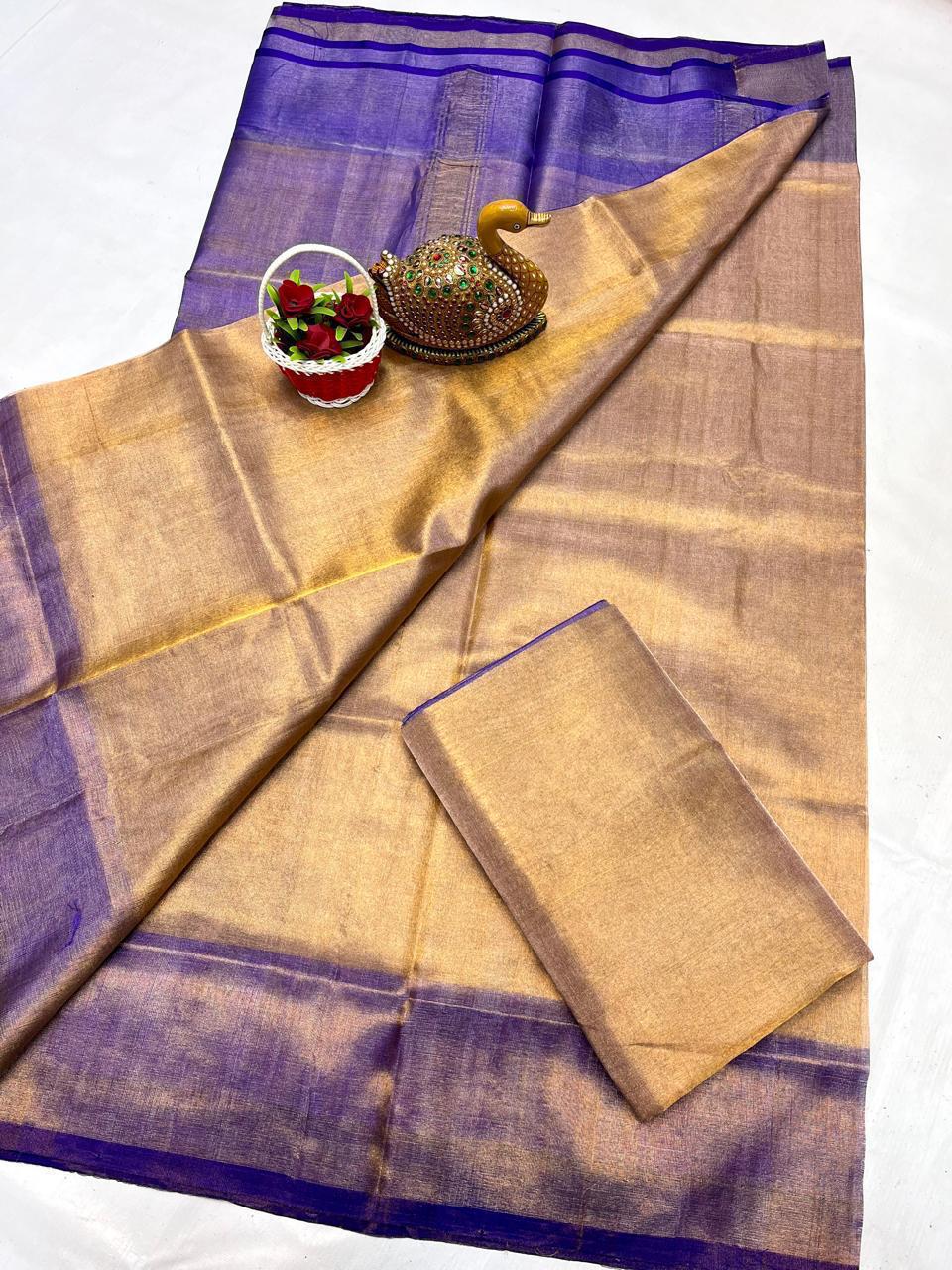 Uppada silk saree all over golden tissue with blue border