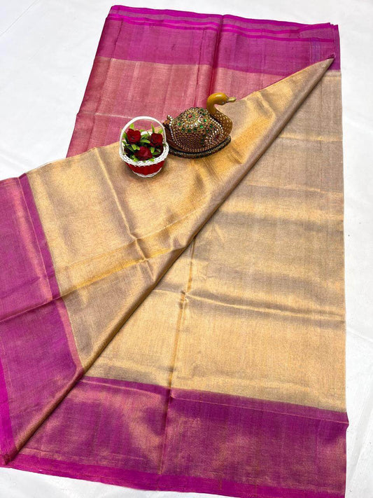 Uppada silk saree all over golden tissue with pink border