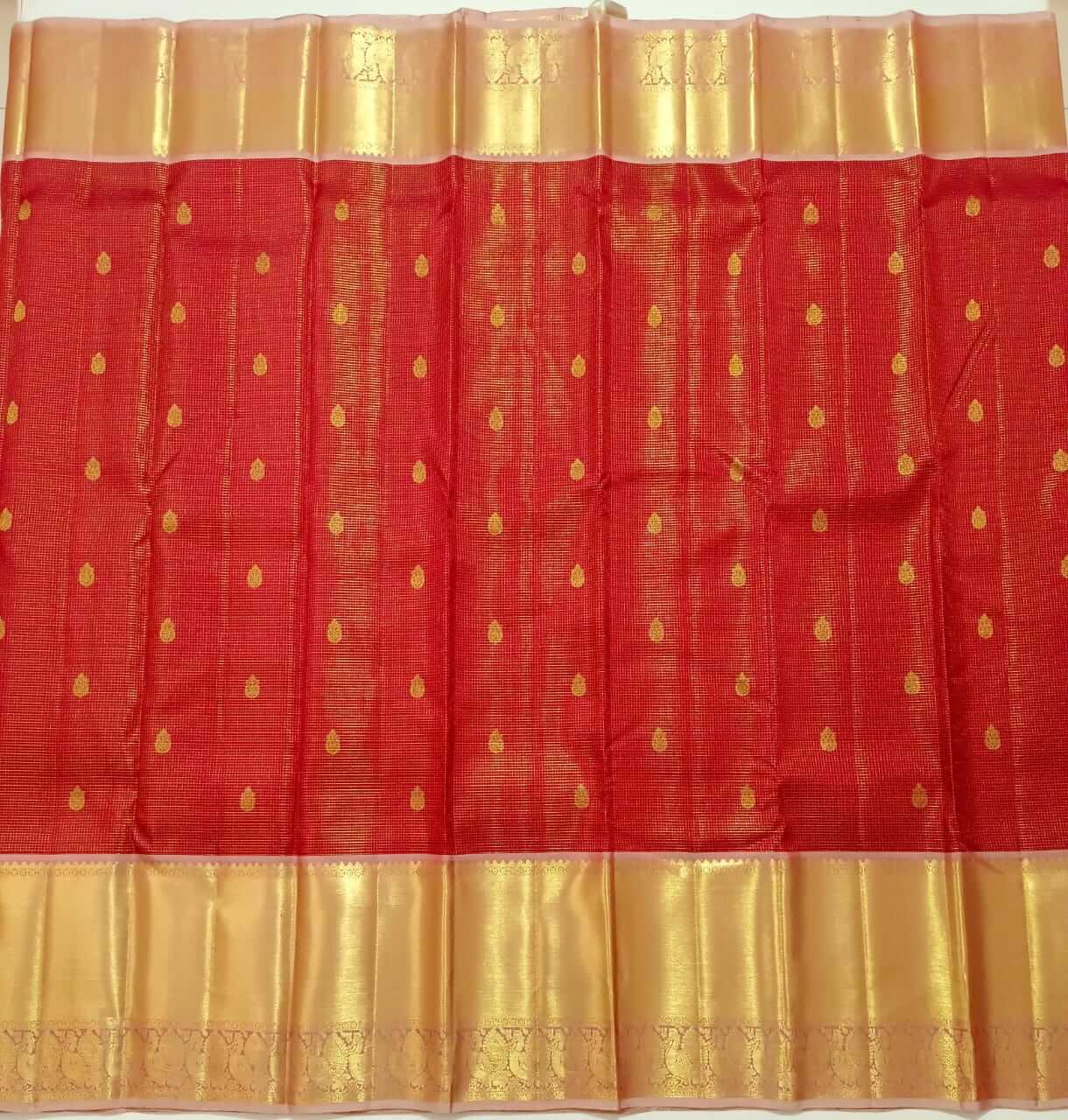 Handloom pure kanjivaram silk saree bridal silk golden color with orange chakaram butte pure golden jari all over jall