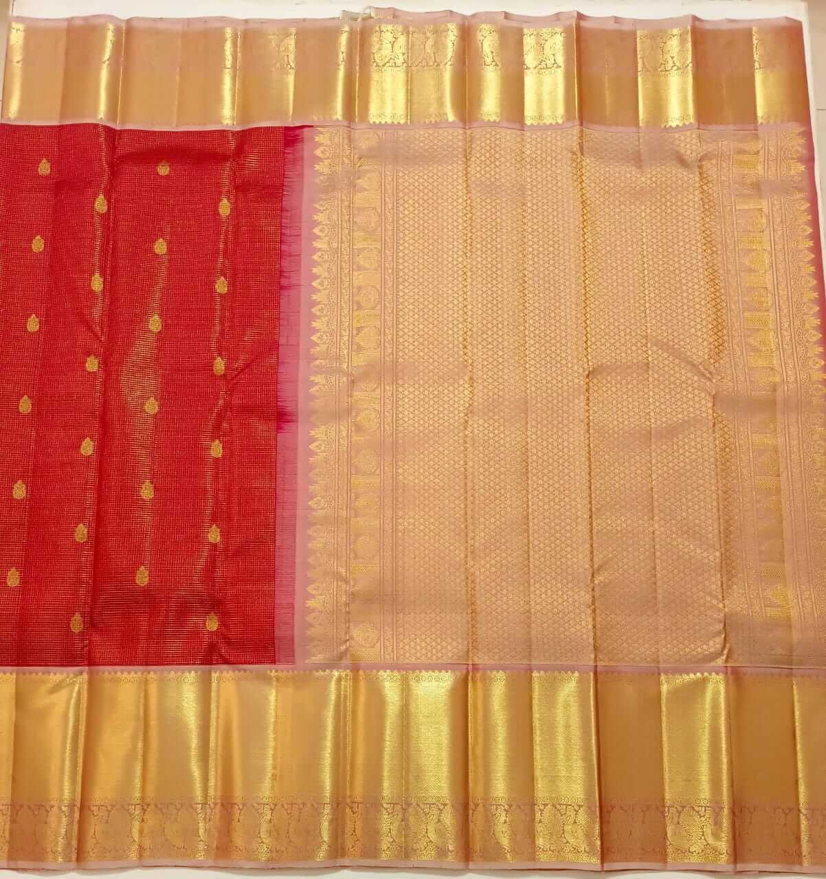 Handloom pure kanjivaram silk saree bridal silk golden color with orange chakaram butte pure golden jari all over jall