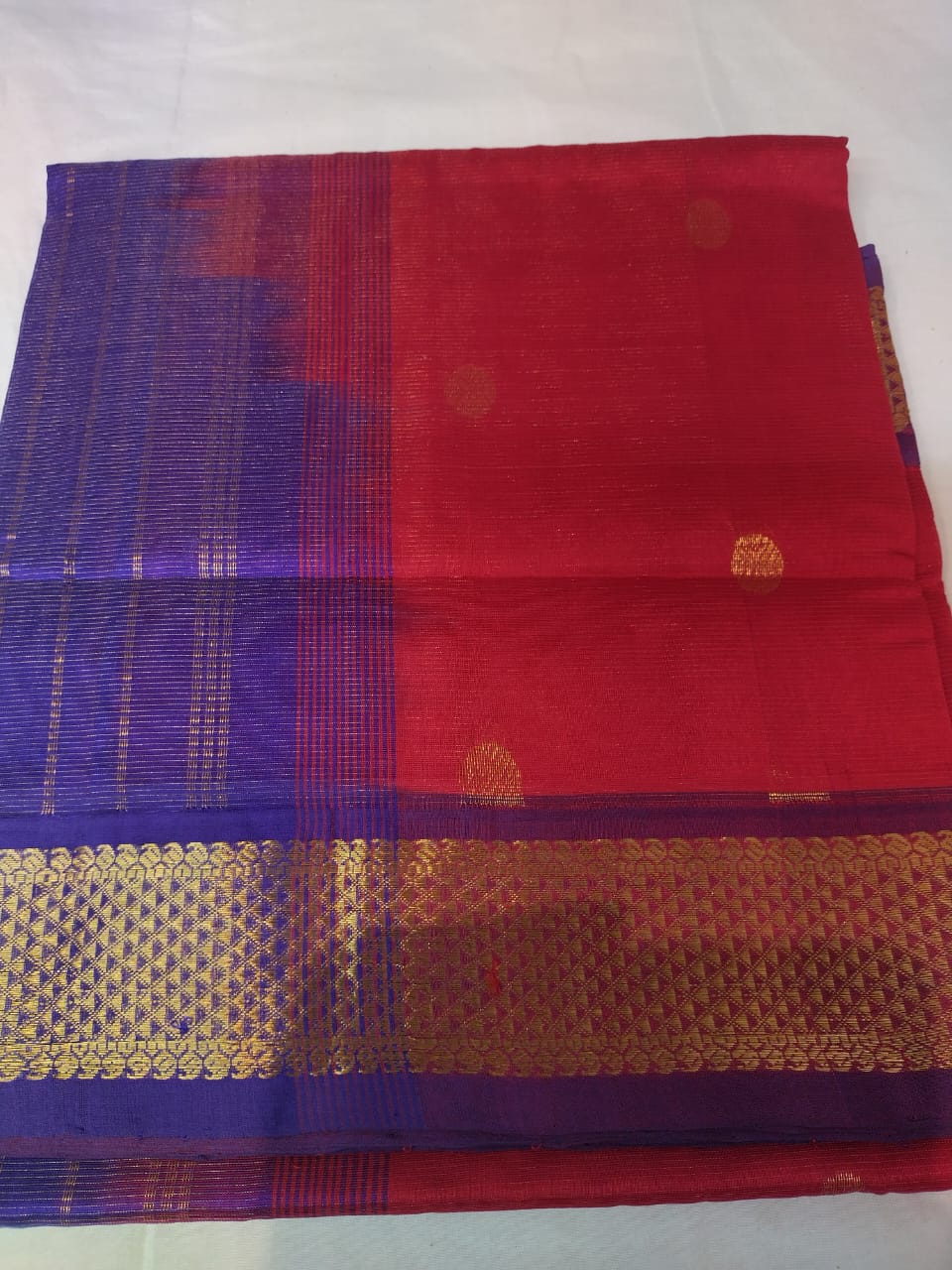 Vairaoosi silk cotton saree red with blue border vairaoosi butti