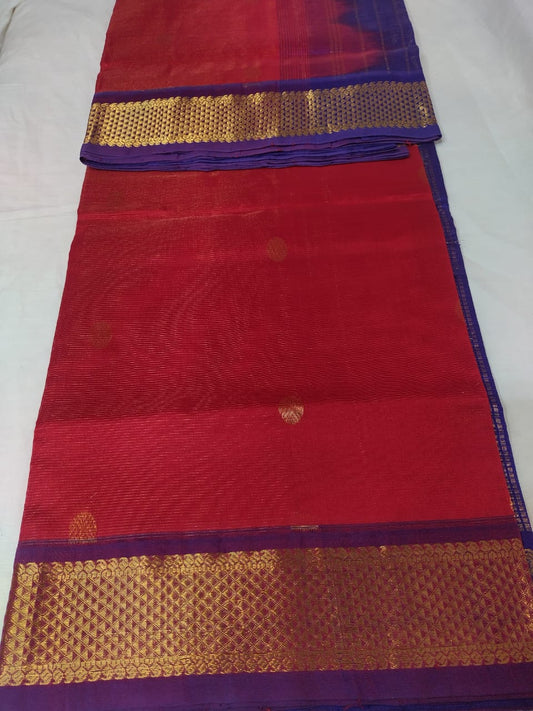 Vairaoosi silk cotton saree red with blue border vairaoosi butti