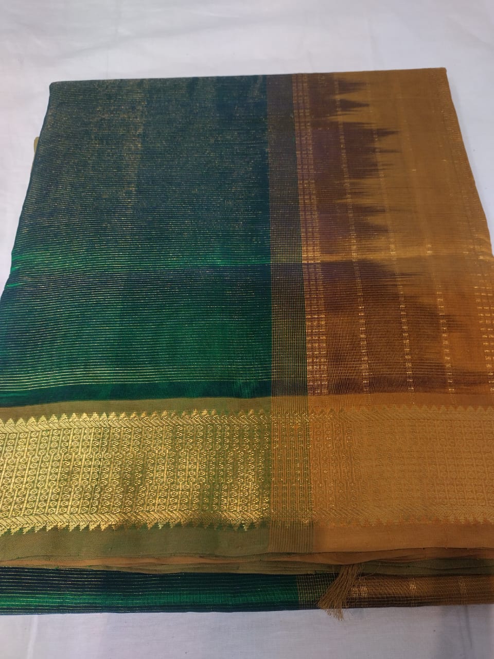 Vairaoosi silk cotton Saree green with turmeric yellow border vairaoosi butti