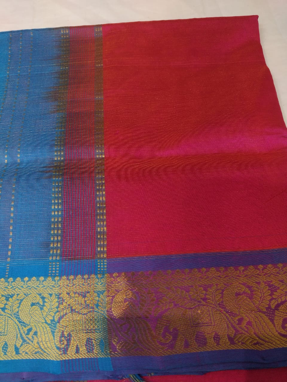 Vairaoosi silk cotton saree red with blue border vairaoosi