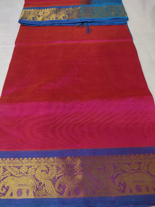 Vairaoosi silk cotton saree red with blue border vairaoosi