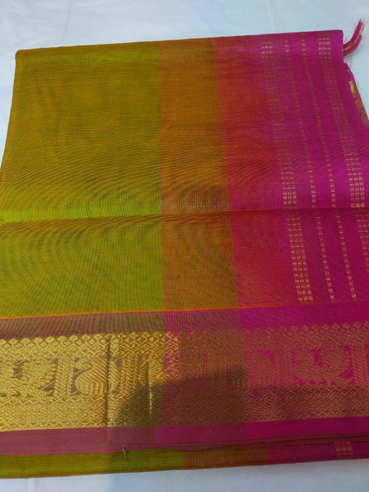 Vairaoosi silk cotton Saree flushing green with pink saree  vairaoosi