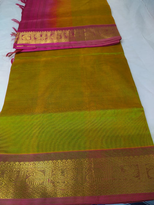 Vairaoosi silk cotton Saree flushing green with pink saree  vairaoosi