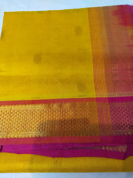 Vairaoosi silk cotton Saree yellow with pink border vairaoosi butti