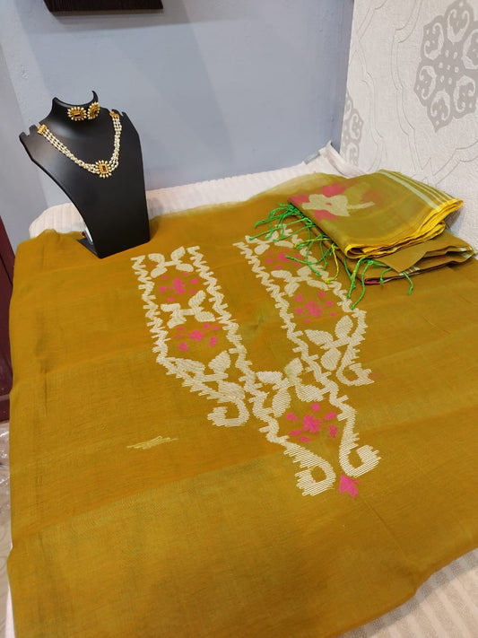 Jamudhani suite material in pure linen lemon yellow