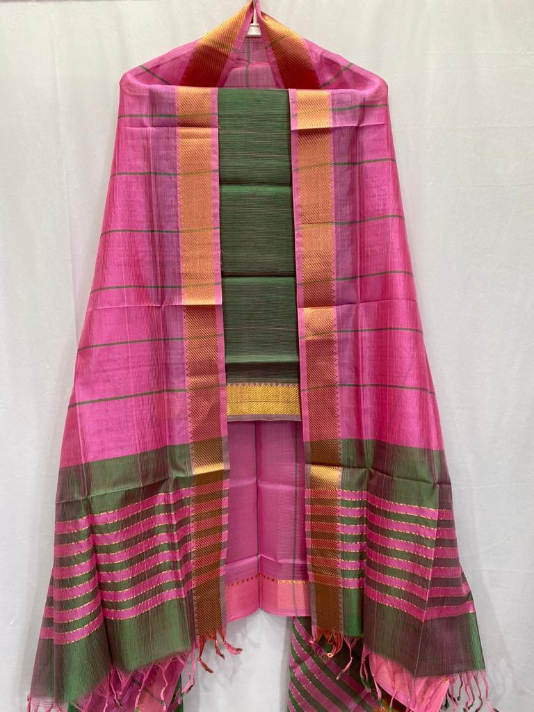 Mangalgiri silk cotton suite in pink with green