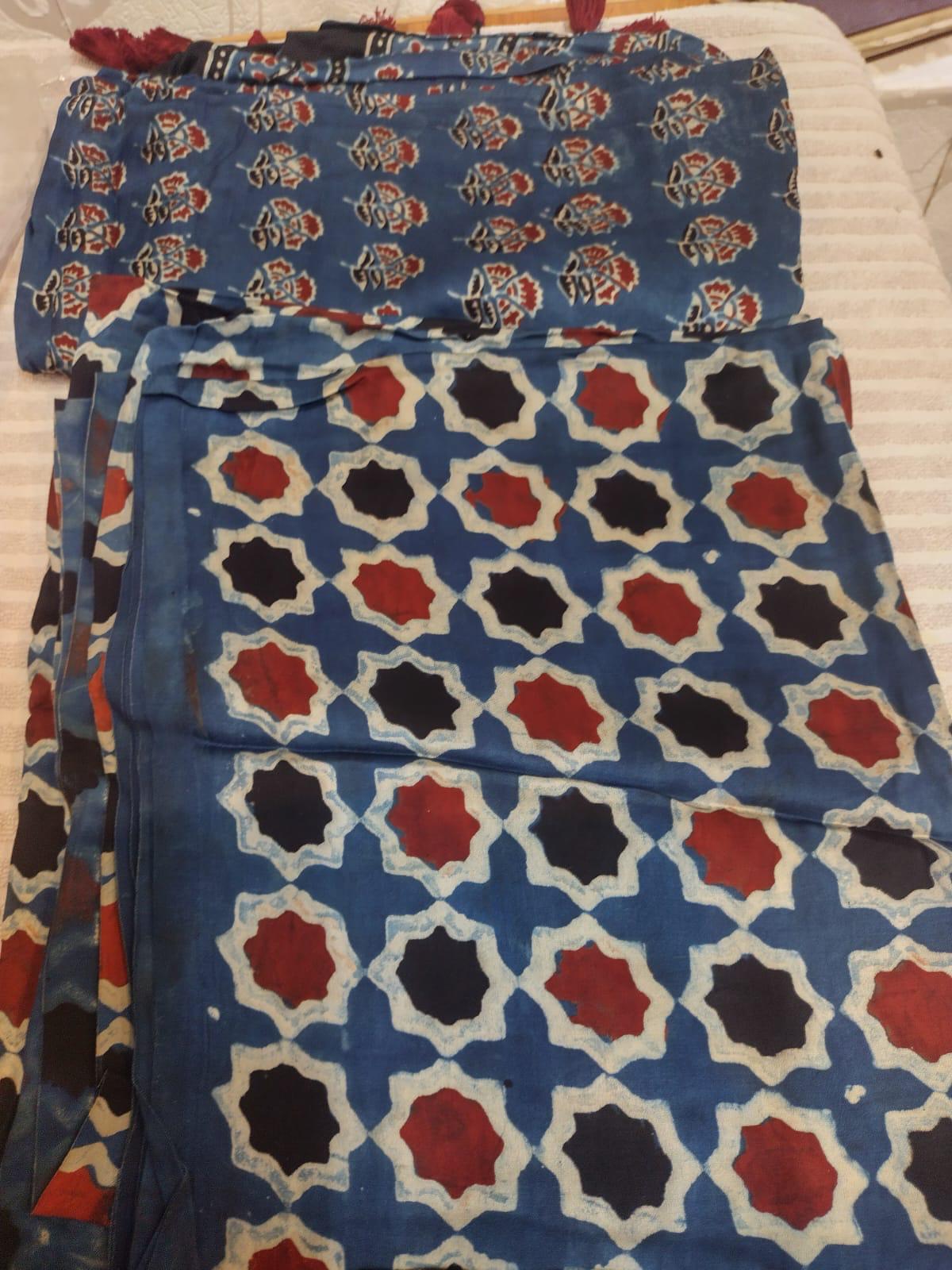 Ajrak suite material in modal silk in indigo color