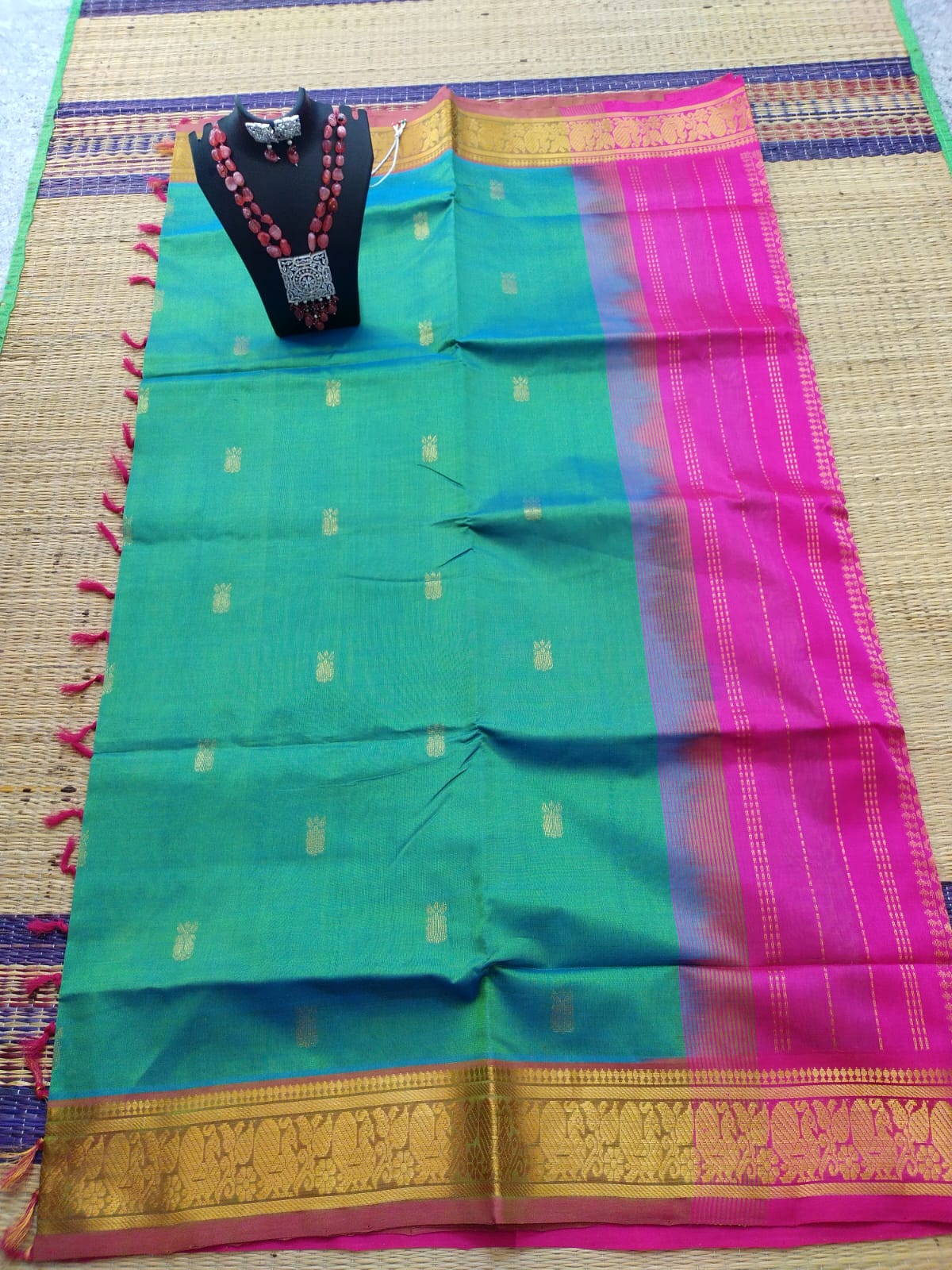 silk cotton pure cotton and silk mixed Saree rama green with pinkround butta