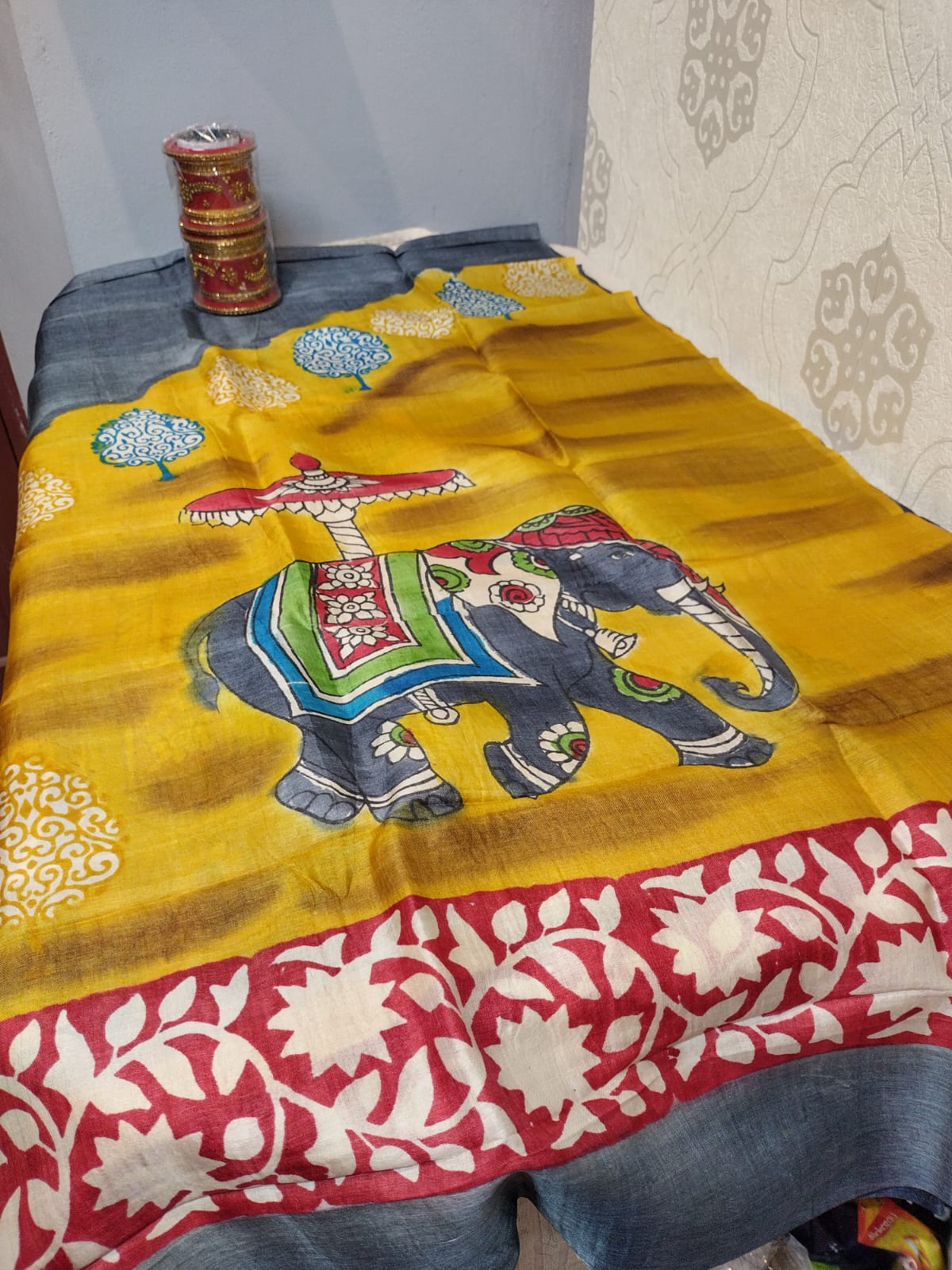 Tussar silk dupatta in kalamkari pattern with hand painted yellow with elephant motive 