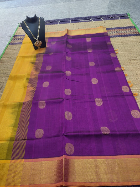 Kanjivaram silk cotton Saree purple with green coin butte with butti shade saree