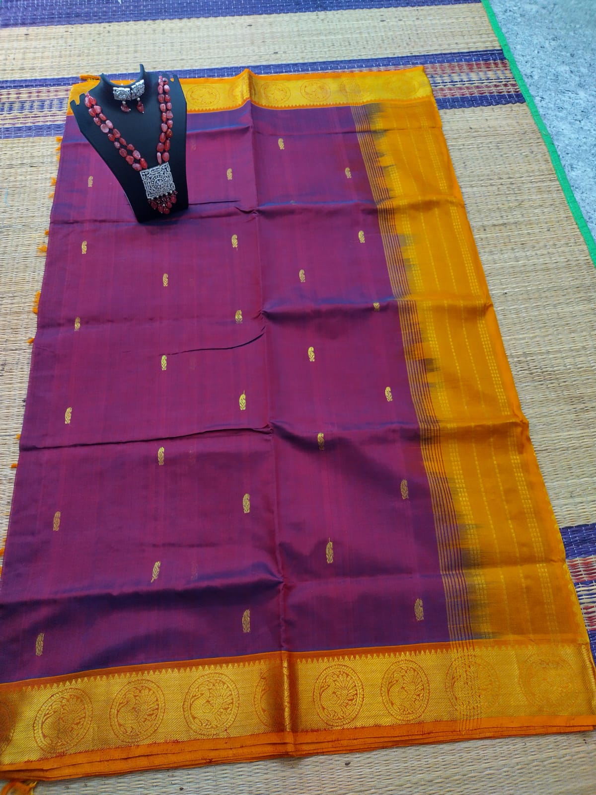 silk cotton pure cotton and silk mixed Saree  maroon with yellow round butta