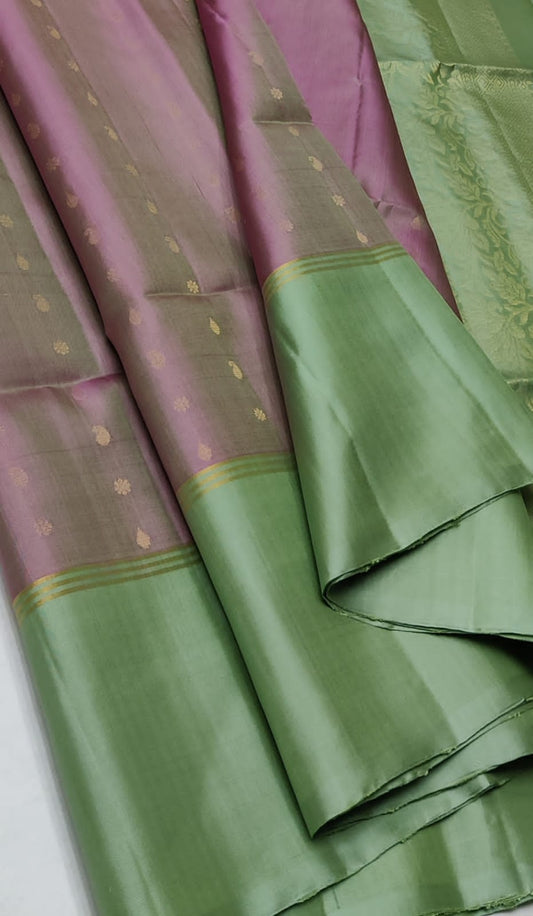 kanjivaram soft silk saree with double warp in borderless pink with green