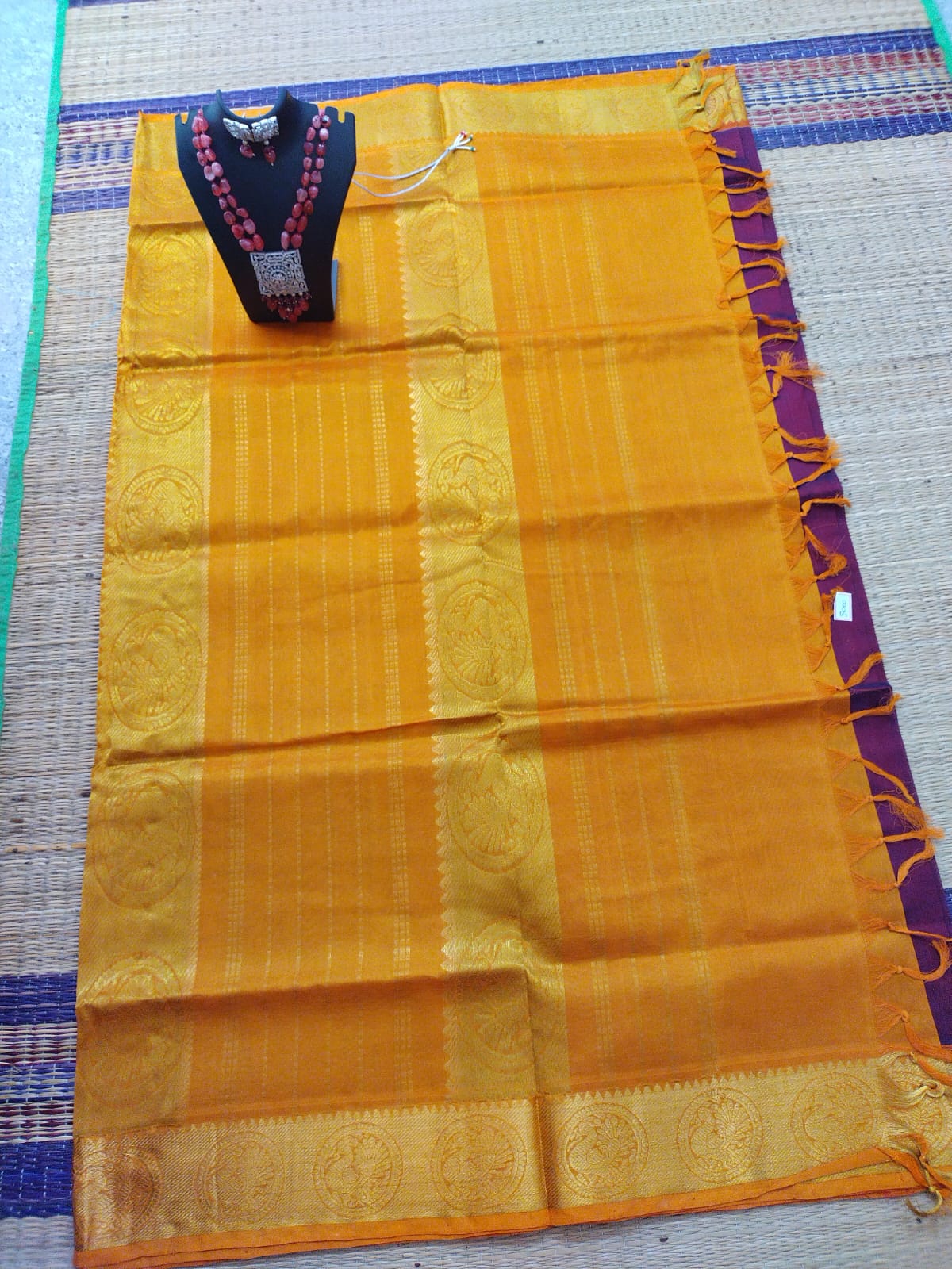 silk cotton pure cotton and silk mixed Saree  maroon with yellow round butta