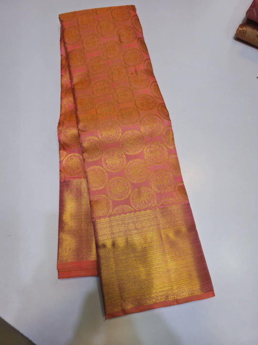 Handloom pure kanjivaram silk saree  bridal silk golden color with orange chakaram butte  pure golden jari all over jall