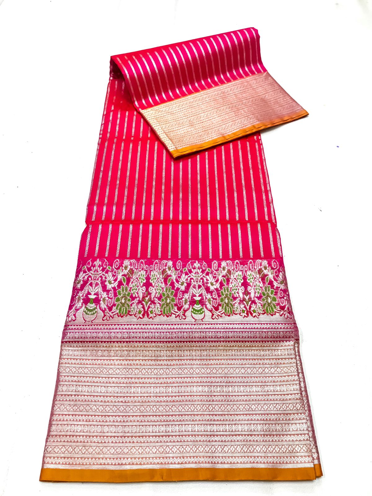 Venkatagiri handloom silk Saree in double tone red with turmeric yellow pink color