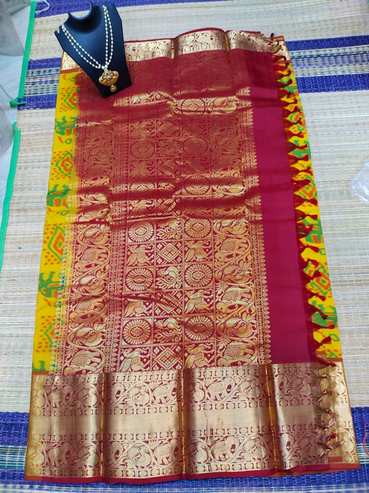 Kanjivaram softsilk saree in  yellow with maroon pochampalli double warp with silver jari