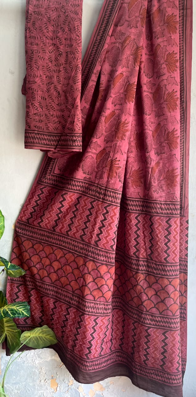 Salwar suite material in pure vanaspathi hand block natural color in brick red