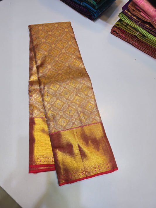 Handloom pure kanjivaram silk saree  bridal silk golden color with orange with pure silver jari all over