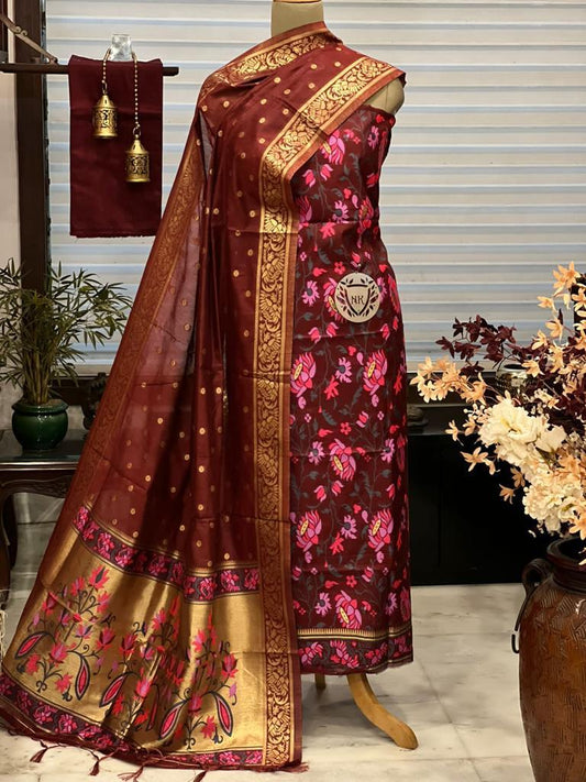 Banarasi suite material in maroon color