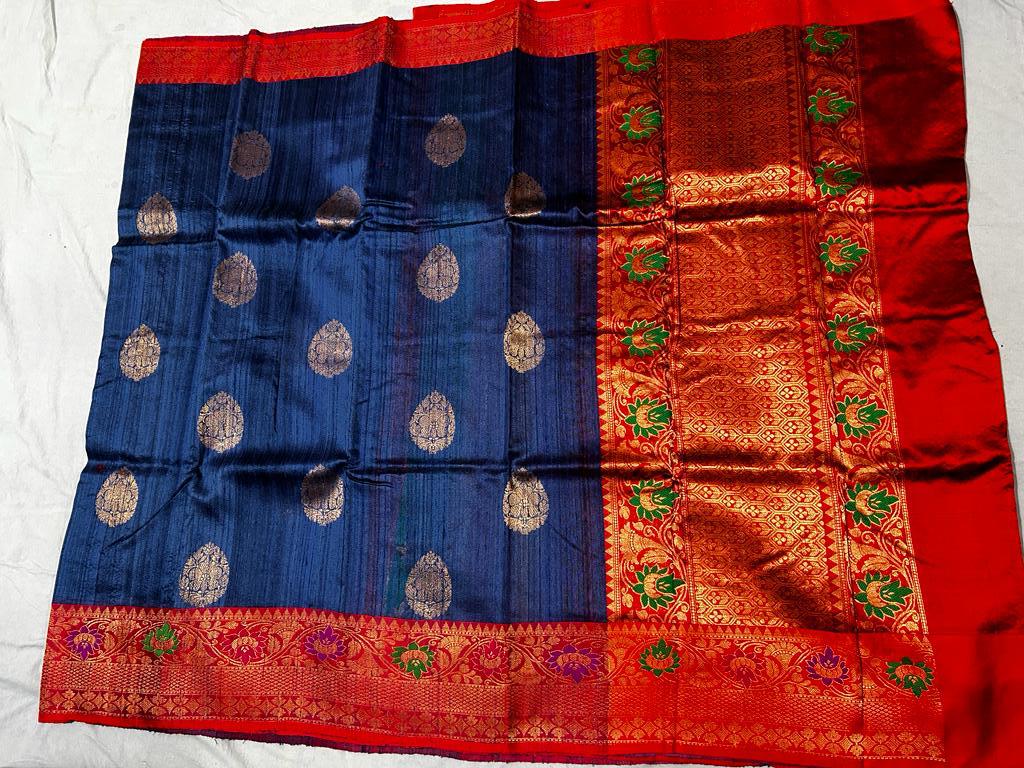 Exclusive tussar Banarasi silk Meenakkari silk saree in navy blue with red border