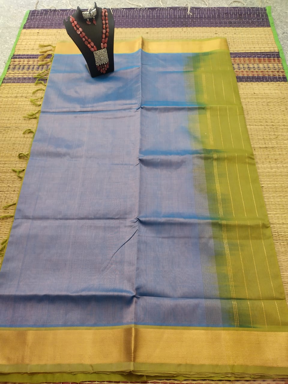 silk cotton pure cotton and silk mixed Saree  gray with green